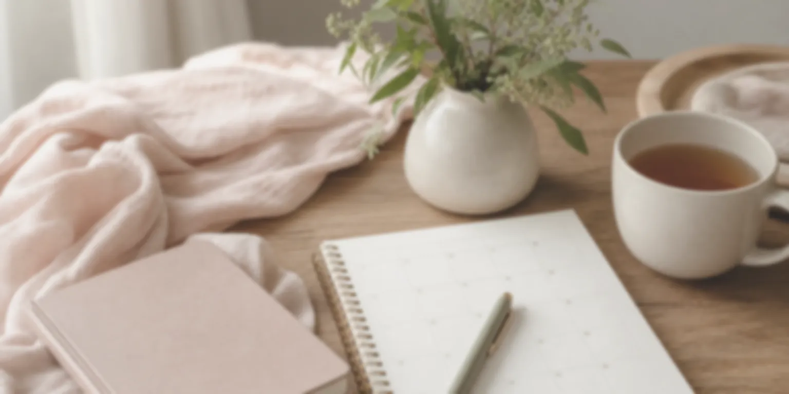 Journal, tea, soft linen, greenery, and a blank planning notebook arranged on a natural wood table.