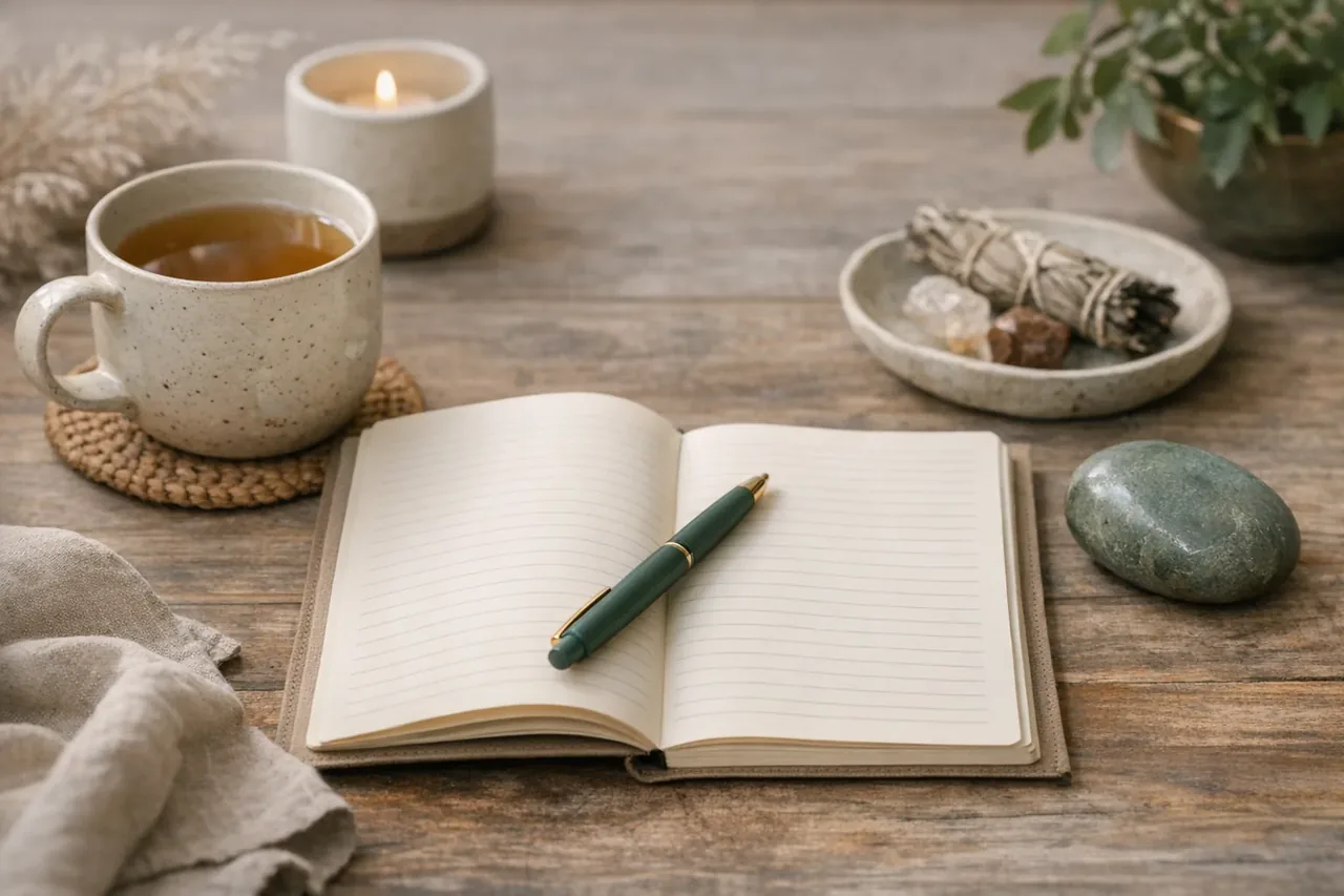 A journal, a cup of tea, and soft natural textures arranged on a calm wooden table.